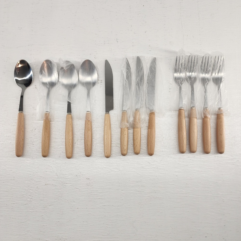 Wood Handle Flatware Set 12 Piece Stainless Steel Silver Modern Kitchen